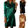 Women's Satin Cowl Neck Dress Long Sleeve Cocktail Party Club Short Dress Ruched Wedding Guest Mini Shift Dress