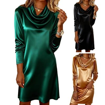 Damen Satin Wasserfallausschnitt Kleid Langarm Cocktailparty Club Kurzes Kleid Raffiniert Hochzeitsgast Mini Etuikleid