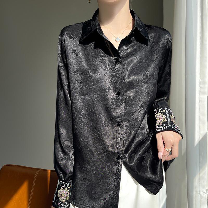 Women's Jacquard Satin Tang Suit: Long Sleeve Mulberry Silk Top for Autumn/Winter