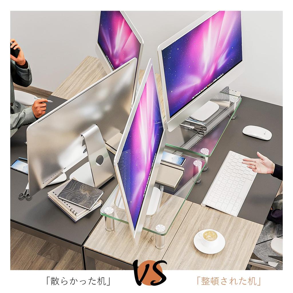 2-Pack Lihit Lab Desktop Monitor Stand with Keyboard Storage, 380mm Wide, Adjustable Height, Clear Glass (430*275*55mm)