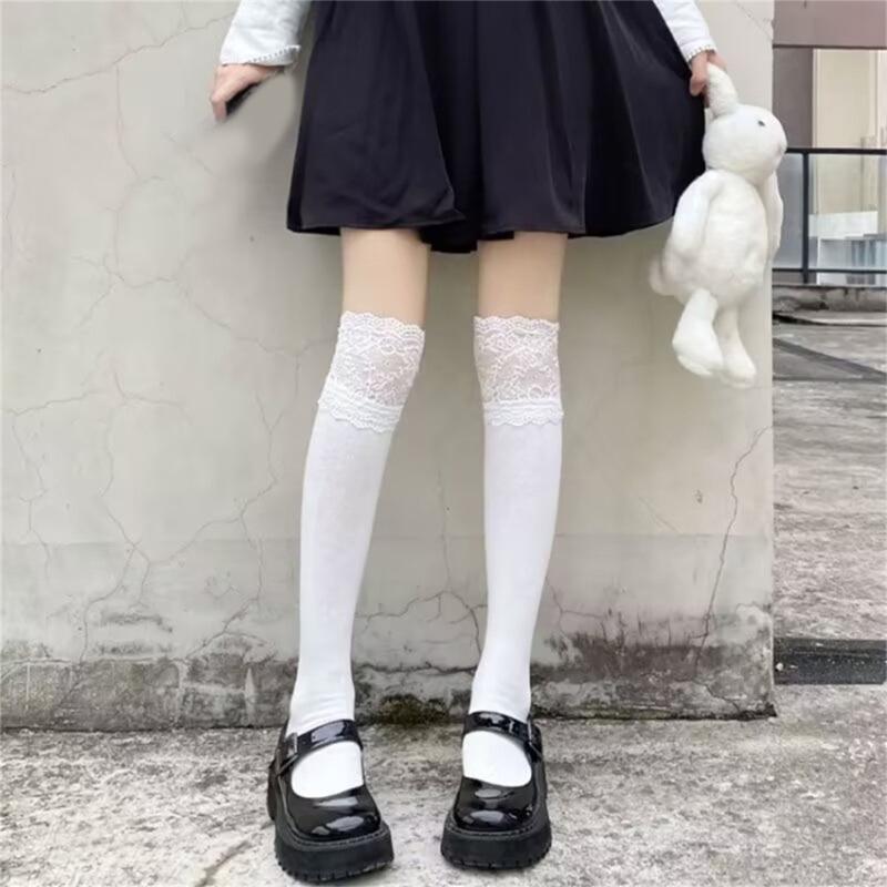 Women Lace Patchwork Knee High Socks Frilly Thigh High Stockings Cotton Leg Warmers Lolitas Long Boot Socks Calf Socks