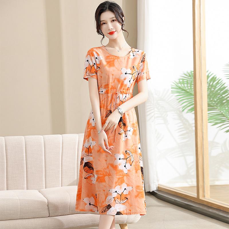 Elegant Floral Summer Dress for Women - Mid-Length, Loose Fit, Plus Size, Tummy Concealing, Cotton Silk Blend