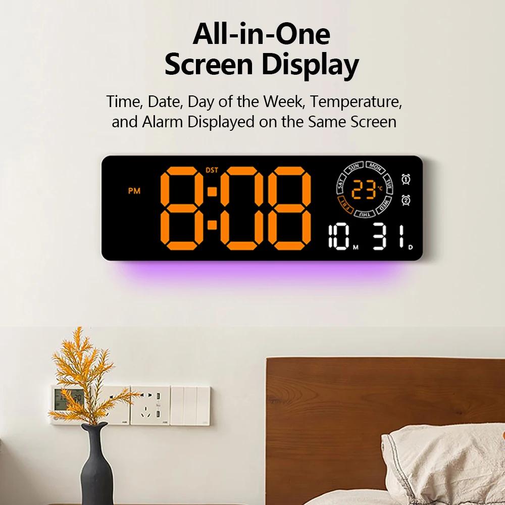 Creative Wall Lamp LED Wall Clock for Living Room with RGB Ambient Light Time Date Temperature Alarm Clock Synchronised Display