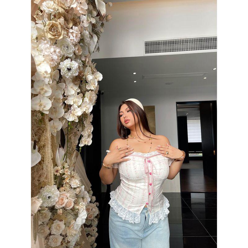 

Brother Nan Chubby Gyaru Sexy Lace Stitching Shirts Women Autumn Plus size Temperament Design Slimming Sweet Top