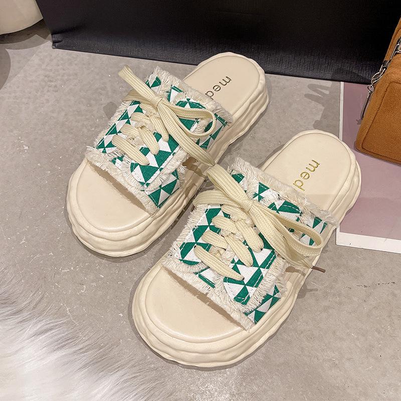 

Платформенные шлепанцы женские летние 2025 новая мода универсальные повседневные полушлепанцы на шнуровке холщовые сандалии инс тренд 40 зелёный