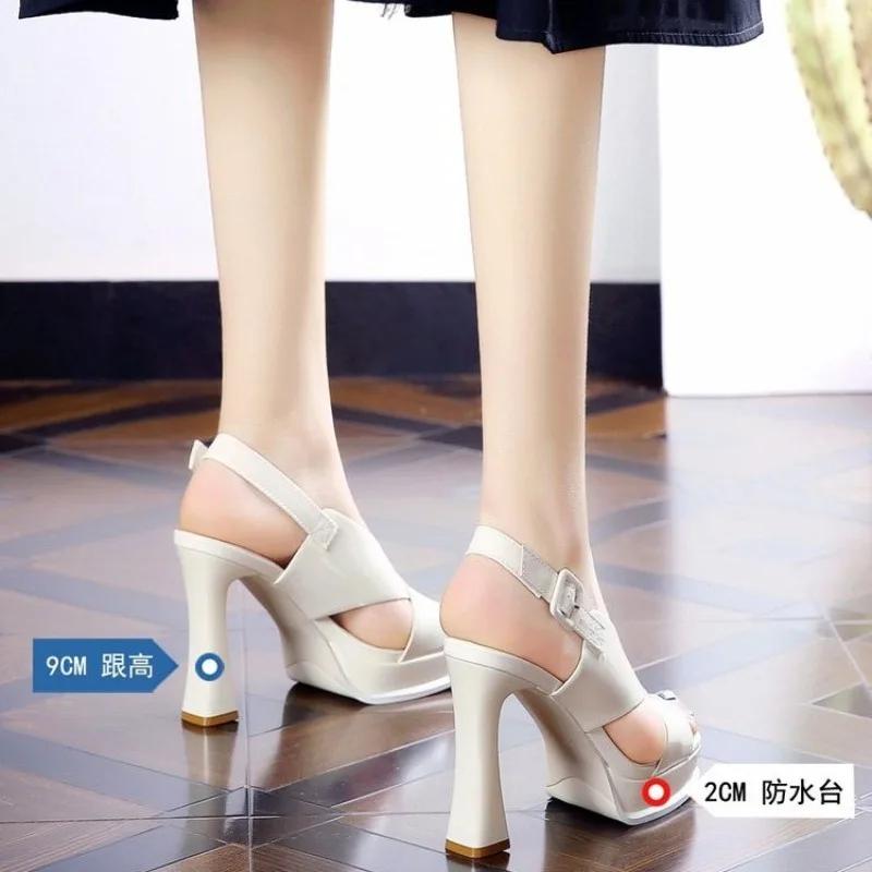 Summer New Women's Pumps Thick Heel Peep Toe Mixed Colors Buckle Super High Heels Platform Sole Party Wedding Sandalias De Mujer