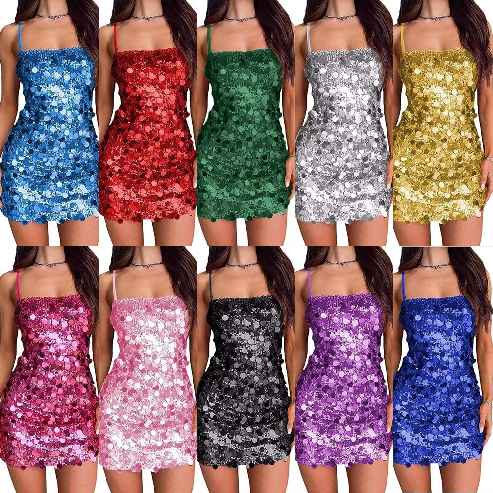 European and American Women's Clothing Sequined Suspender Dress Banquet Party Dance Hot Girl Halter Short Hip Skirt