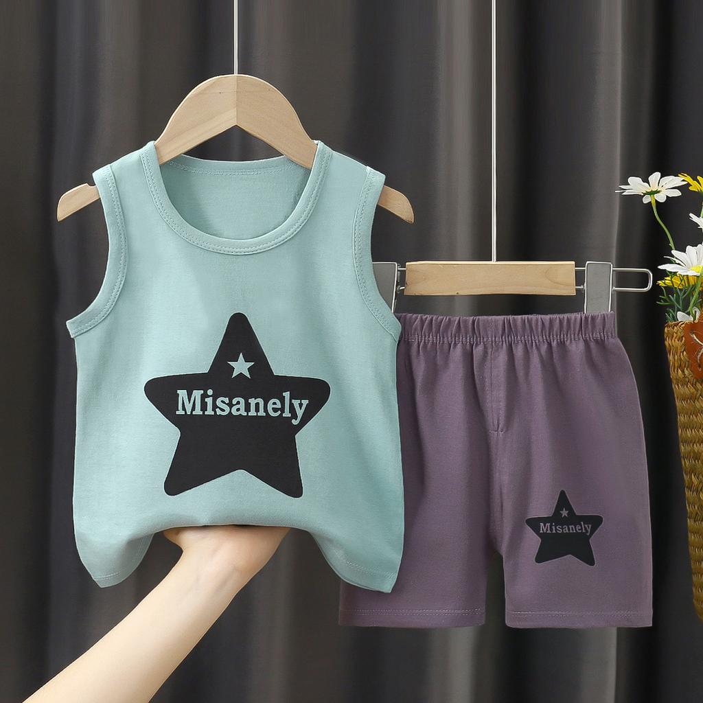 Summer Kids Non Sleeve O Neck Vest Pants Set Casual Baggy 2pcs Suit Cotton Cartoon Printes Outfit