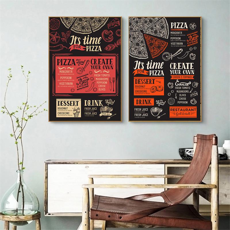 Vintage Pizza Menu Brochure for Food and Drink Cafe Canvas Painting Wall Art Italian Food Posters Restaurant Wall Decoration