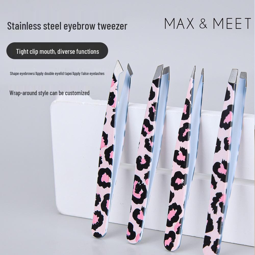 Stainless Steel Leopard Print Pink 4-Piece Eyebrow Shaping Set with Flat & Pointed Clips