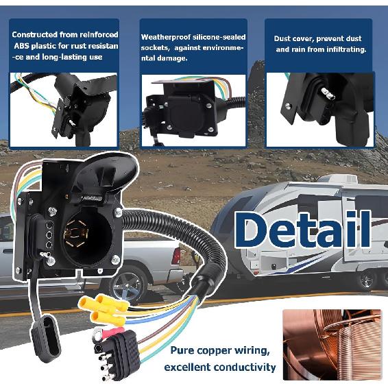 7 Way Trailer Plug 7 Pin To 4 Pin Trailer Adapter 7 Pin Trailer Connector, Vehicle-Side 4 Flat To Trailer-Side 7 Blade And 4 Pin Dual-Output