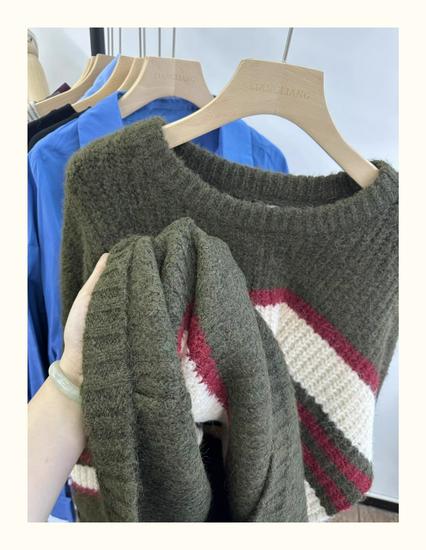 Xiao Wangs Winter Koreanischer Stil Übergröße Lässiger Colorblock Gestreifter Pullover