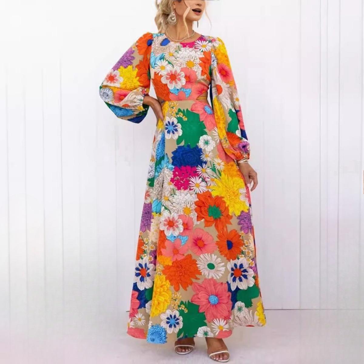 Women s Round Neck Long Sleeve Maxi Dress A Line Mid Waist Floral Print Sundress S