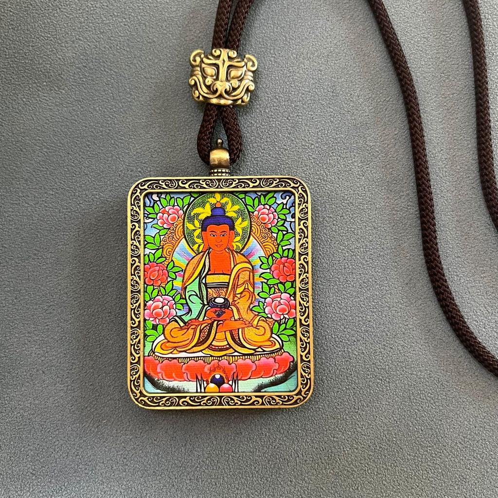 Thangka Pendant Necklace - Yellow & Black Guardian Buddha Amulet