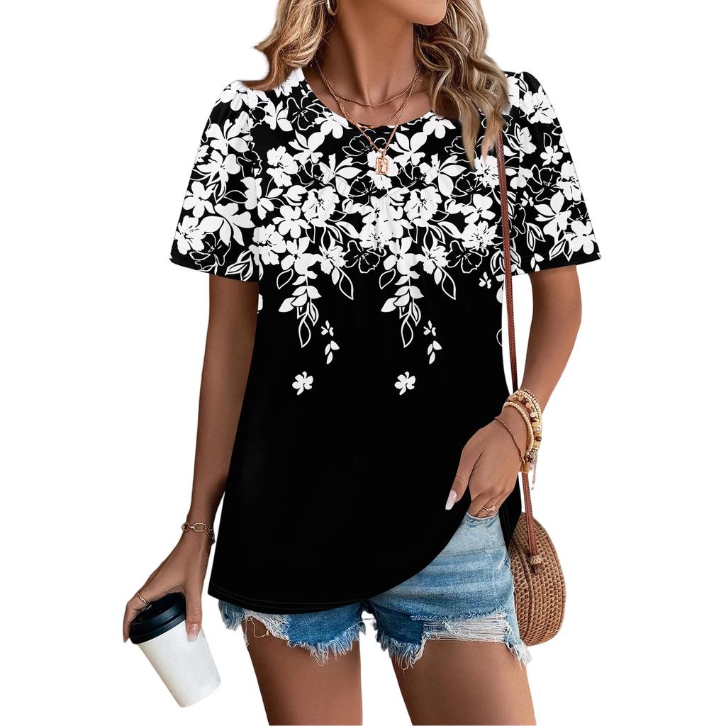 Damtopp med rund hals och blommigt tryck, veckad kortärmad, casual stil