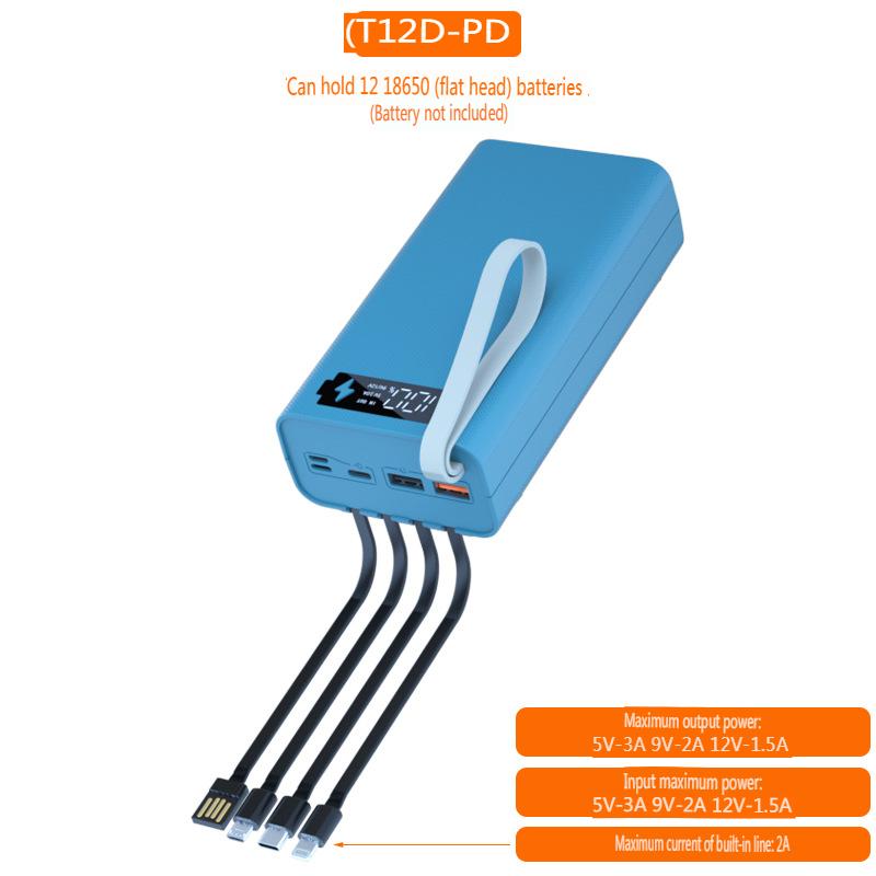 T12D 18650 DIY Power Bank Base with Type C Micro USB Cable Flashlight Fast Power Bank Case 18650 Battery Holder Charging Box Shell