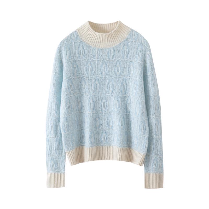 Women's Color Block Cashmere Sweater - Thick, Round Neck, Loose Fit, Jacquard Knit, Autumn/Winter.