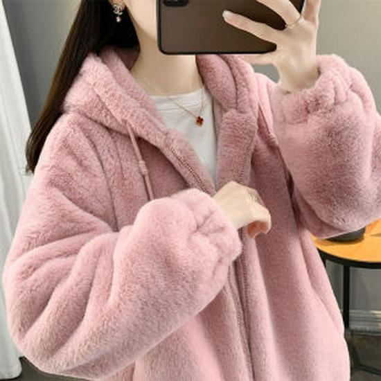 Women's Lambswool Hooded Sweatshirt - Winter 2025 Style, Plus Velvet, Thickened, Loose Cardigan, Trendy and Warm Outerwear for Students.