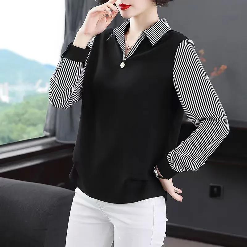 Women Shirt Age-reducing Middle-aged and Elderly Splicing Polo Collar Bottoming Shirt Long-sleeved Top for Women