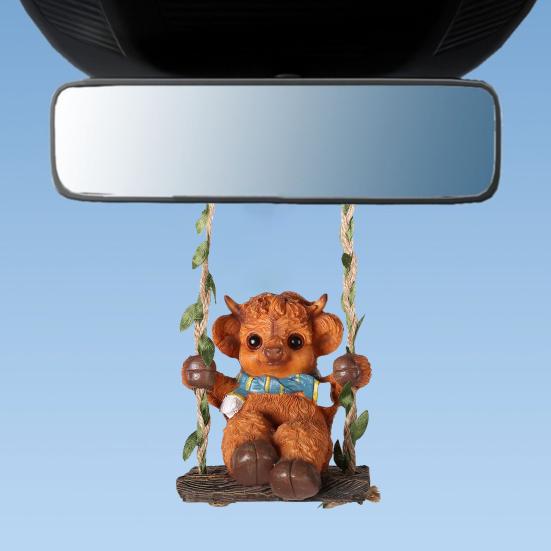 Car Interior Pendant Highland Cow Rear View Mirror Hanging Pendant Easy Installation Resin Figurine Garden Bookshelf Decor