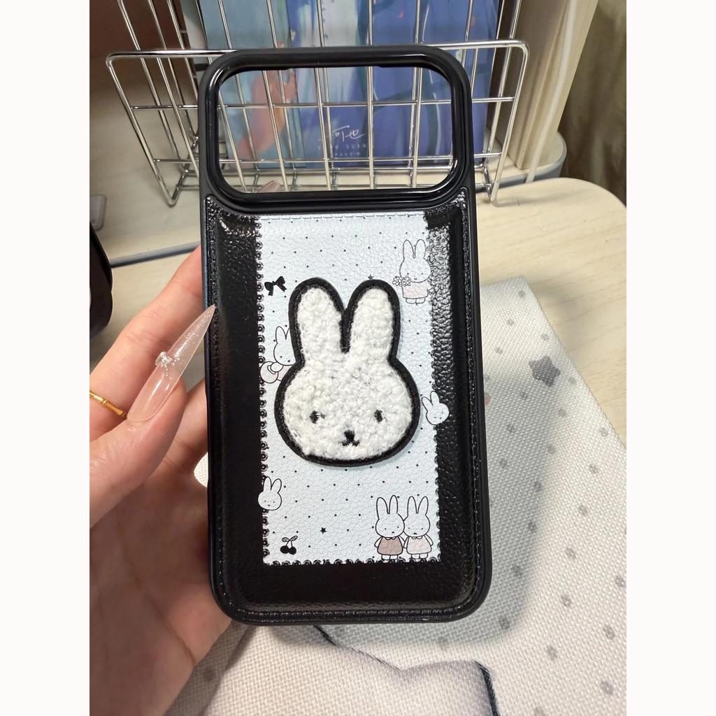 Cute polka dot embroidery Miffy Rabbit is suitable for Apple 16/17promax mobile phone case IP15 bulging bag leather pattern 14Pro