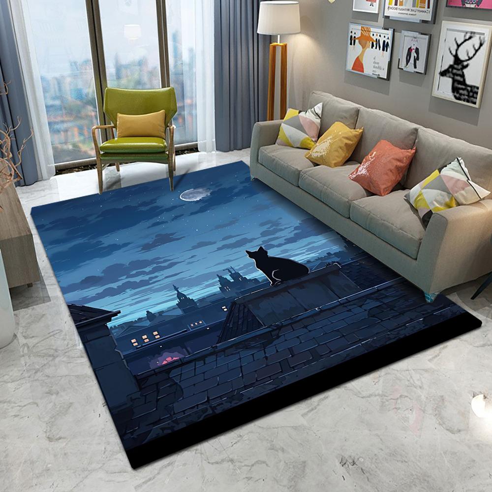 

Cat Themed Carpet With Night City Scene Patterns Artistic Illustration Style Cozy Non Slip Washable Rug For Living Room Bedroom 40x60CM