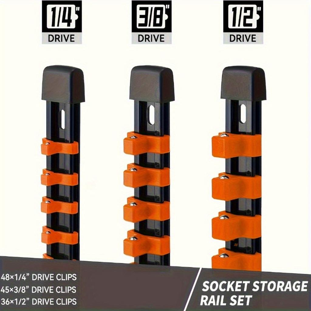 Kit de 3 șine organizatoare pentru chei tubulare portocalii, pentru chei tubulare de 3/8" 1/4" 1/2", șină suport pentru chei tubulare, suport pentru chei tubulare portocalii, șină pentru scule cu tavă glisantă montabilă