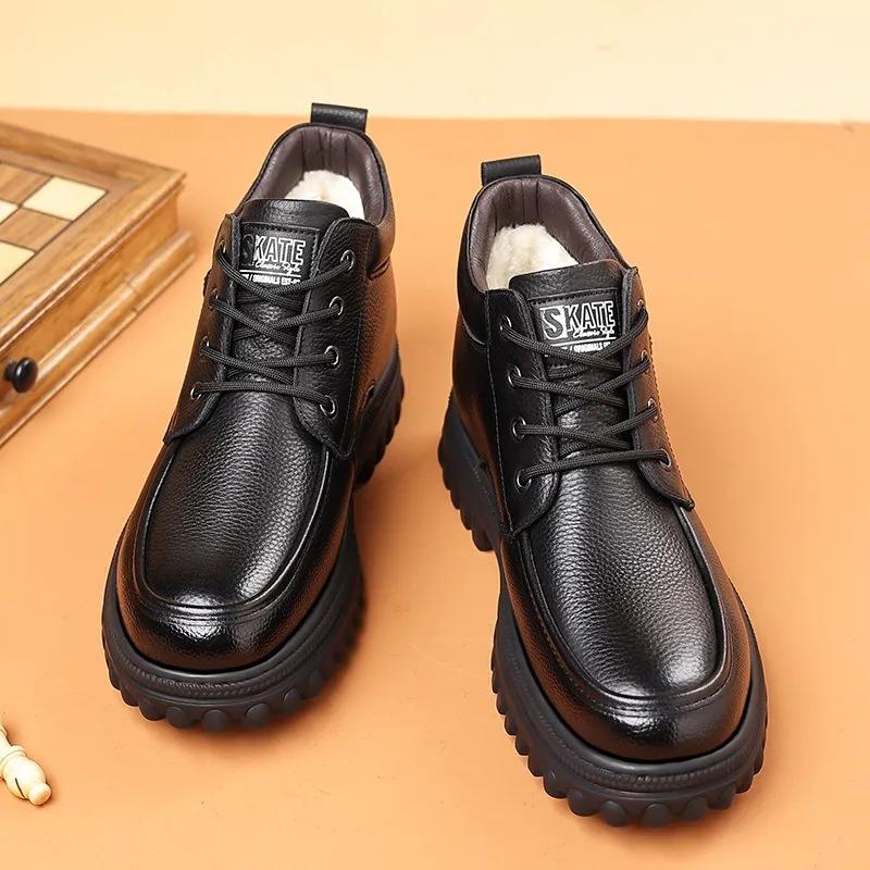 Fashion Designer New Cow Leather Platform  Boots for Men Fashion Casual Soft-soled Warm Men's Cotton Shoes Winter Black Ankle Boots Male