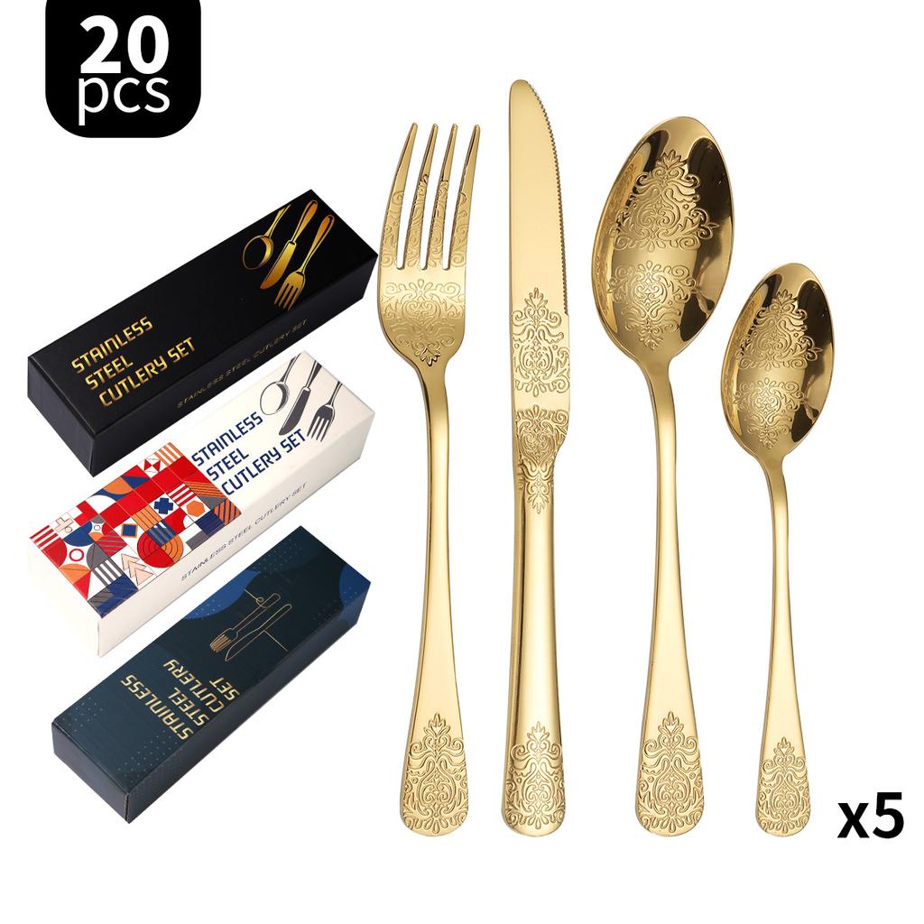 Thickened Pattern Stainless Steel Knife, Fork and Spoon Tableware 430 Double-Headed Pattern Knife, Fork and Spoon 24-Piece Set