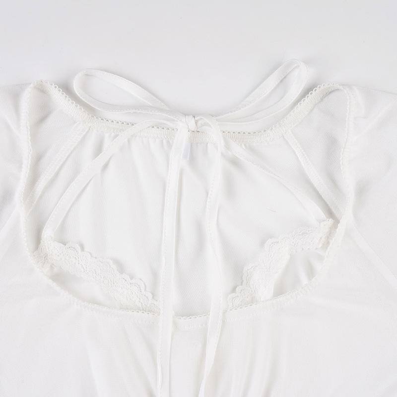 Spicy Girl Mesh Patchwork White Two-Piece Style Ruffle Trim Sheer Long Sleeve Top