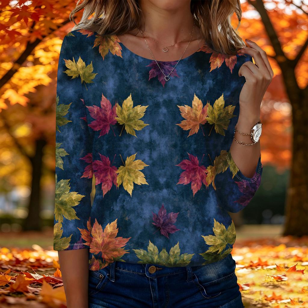 Women's Fashion Casual Three-Quarter Sleeve Round Neck Top with Leaf Print