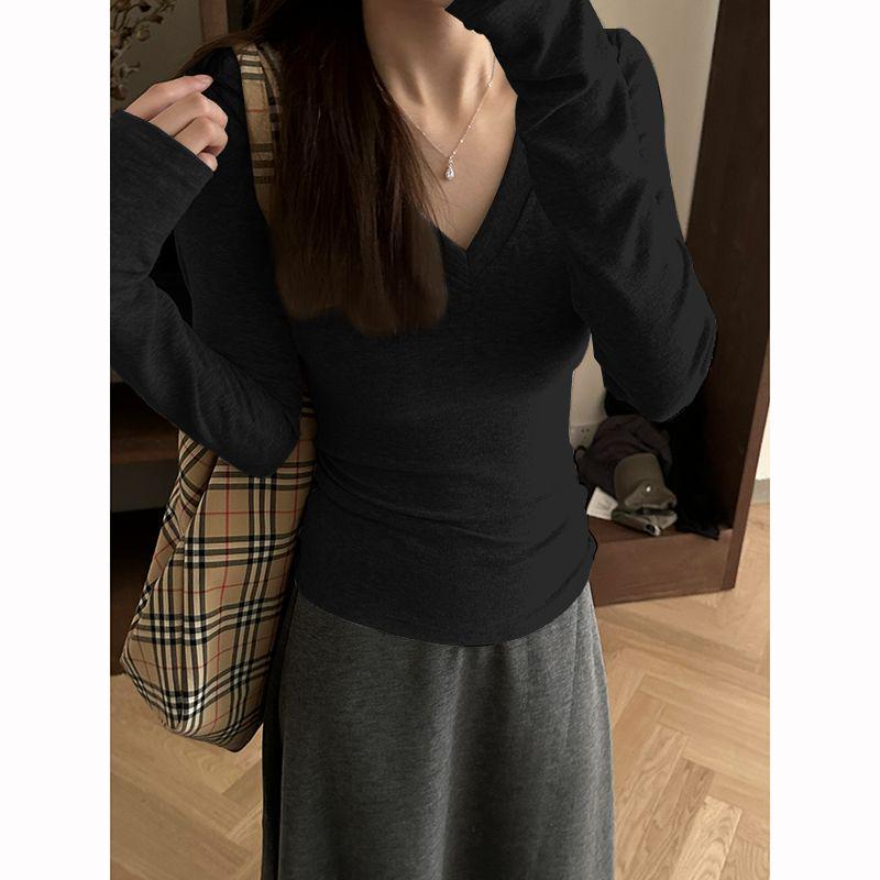 

Женская футболка с V-образным вырезом, приталенная, с длинным рукавом - Весна/Осень, Талия песочные часы, Элегантная посадка Extra Large чёрный