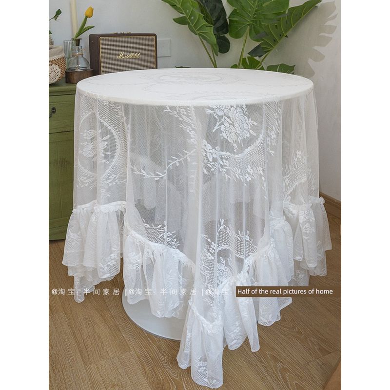 

French Style Fresh Pastoral Waterproof Tablecloth Fabric Dining Table Balcony round Table Cloth Ins Style B & B Decorative Cloth Not Waterproof-Ruffles (size with lace) 90*90cm