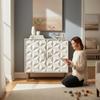 Modern White Wood Carved Cabinet  Geometric Front, Brass Legs  Accent Storage Sideboard, Entryway or Living Room Decor Furniture -Bedside
