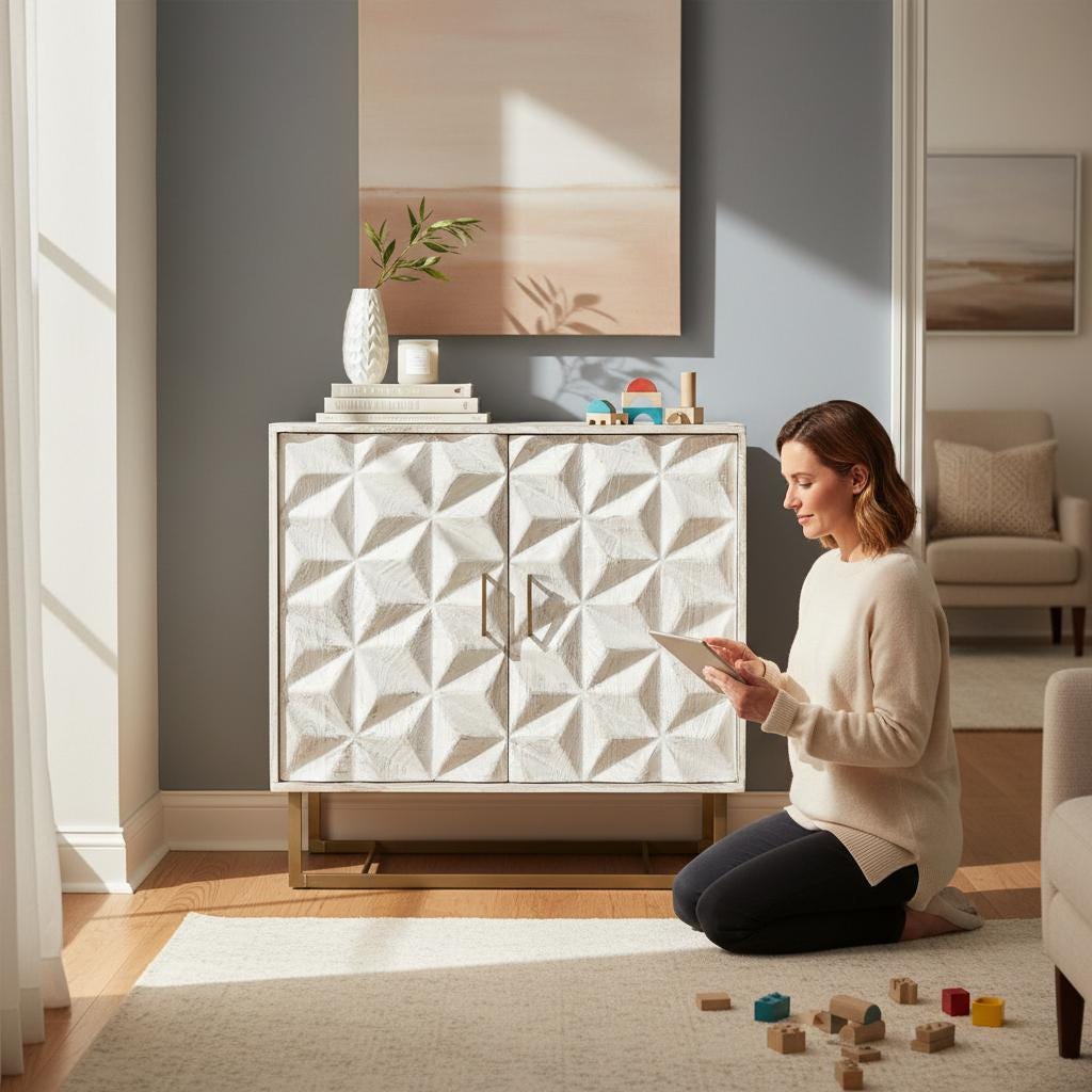 Modern White Wood Carved Cabinet Geometric Front, Brass Legs Accent Storage Sideboard, Entryway or Living Room Decor Furniture -Bedside