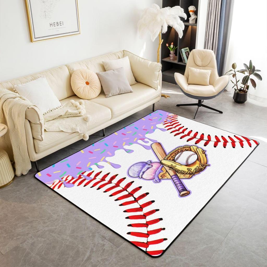 Erosebridal Navy Blue Baseball Ice Cream Area Rug 4'11" X 3'3" Ice Cream Drip Living Room Rugs Non Slip Baseball Glove Decorative Carpets Cu