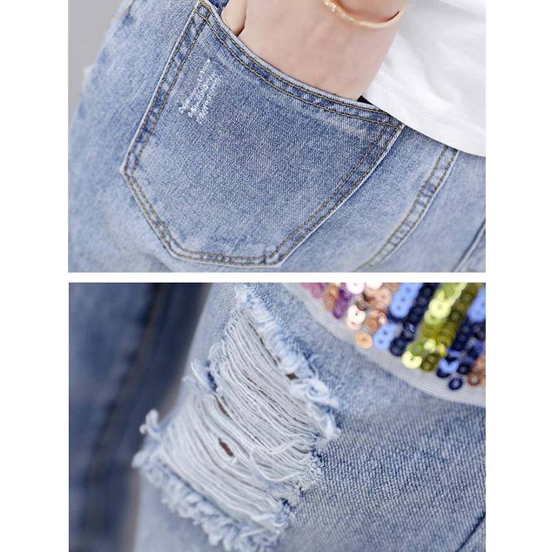 Summer Women Sets Fashion Short Sleeve T Shirt + Hole Jeans 2pcs Girl Casual  Pants Suits