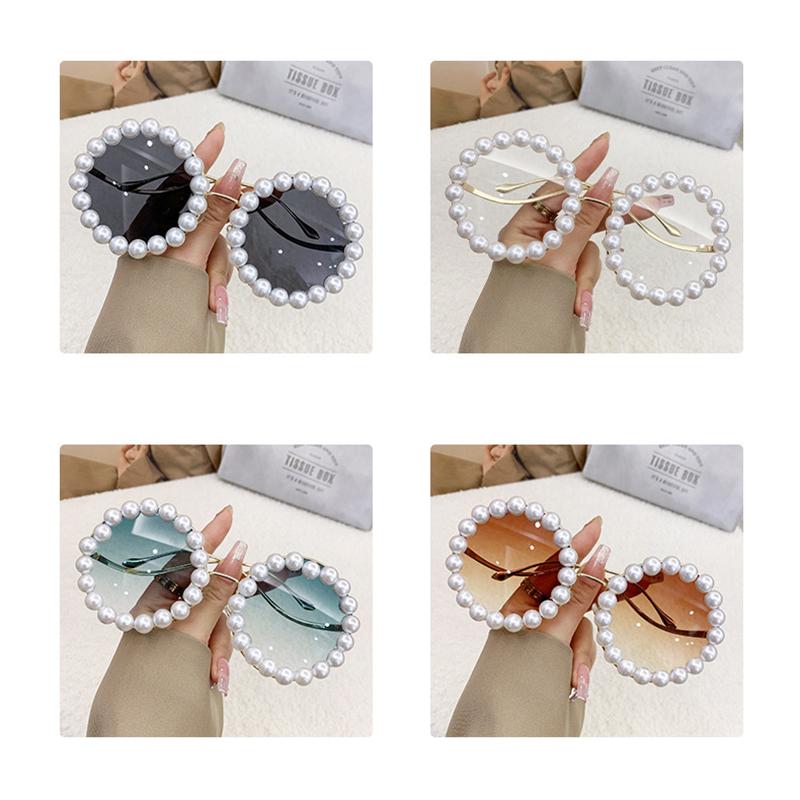Non-polarized Round Frame Pearl Sunglasses Women Men Ins Fashion Metal Wave Leg Gradient Sun Glasses