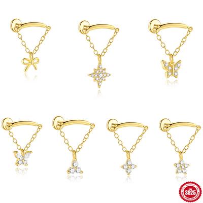 S925 Sterling Silver Diamond Fringed Chain Flat Head Thread Puncture Earbone Studs Personalized Creative Octagram 16G Earrings