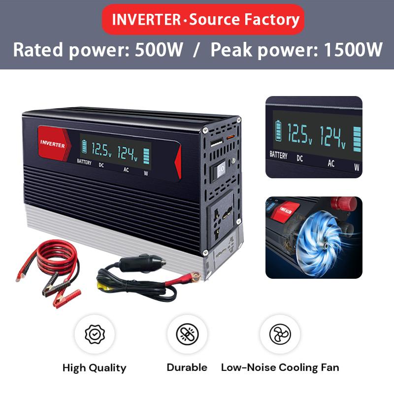 12V 24V To 220V 1000W Power Inverter LCD Display EU Socket Solar Inverter USB Type-c Fast Charging for Phone Laptops Car DC24V Rated 500W