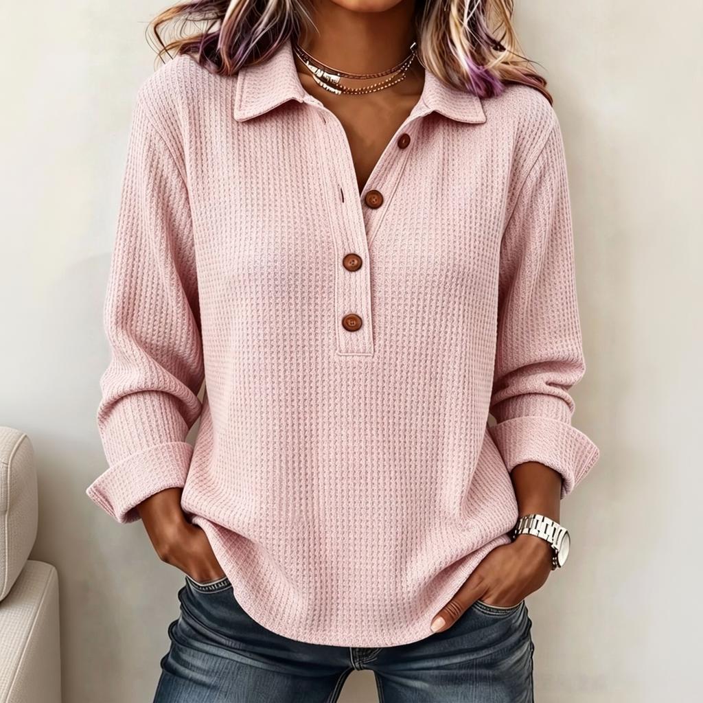 Women's Long Sleeve Knit Top Button Front Color Casual Loose Fit Blouse