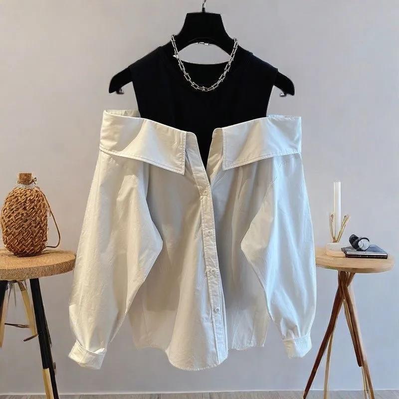 

Женская блузка из двух частей с воротником-поло, свободная майка, сшитые рубашки с длинным рукавом, блузки с открытыми плечами, осенние пуловеры, топ XL белый