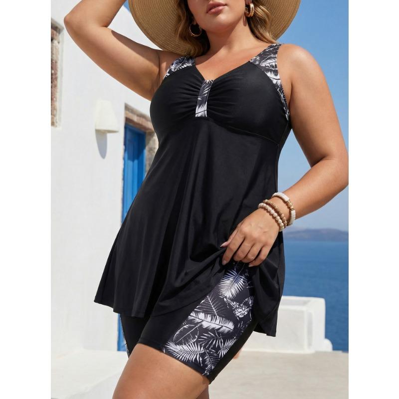 Dames Grote Maat Losse Tankini Zwempak Zwart Bladprint 6x