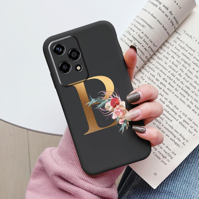 Gold Letter Case For Honor 200 Pro Lite Smart Black Shell Soft Cover For Honor 200Lite Protector Shockproof Funda Pink Flower