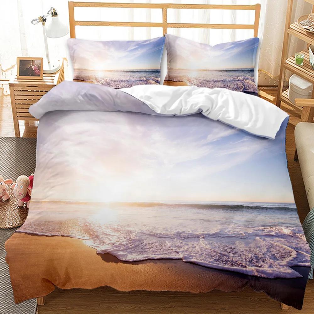 Beach Duvet Cover Set Summer Ocean Bedding Set Hawaiian Marine Sea Waves 3D Print Starfish Polyester Comforter Cover Queen King