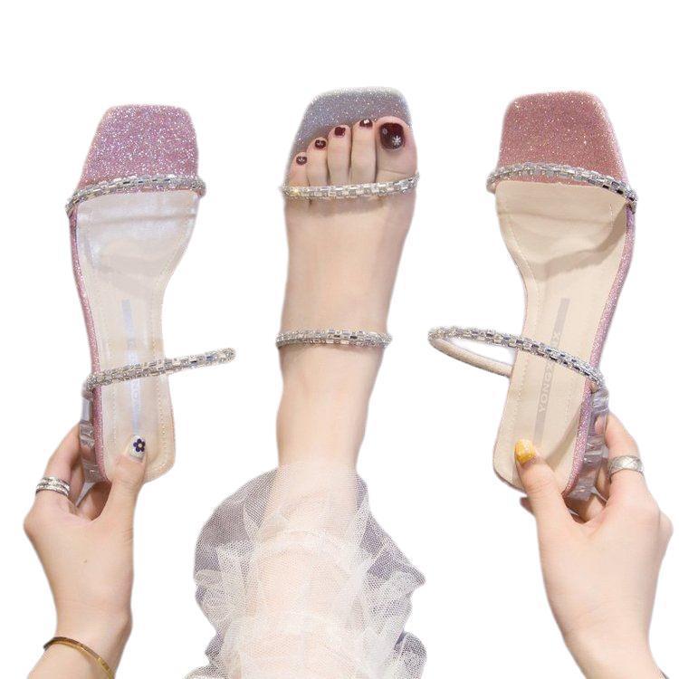 Slippers Women's Outer Wear Spring 2025 New Thick Heel Rhinestone Versatile One-word Drag Fashion Square Head Crystal Sandals Women