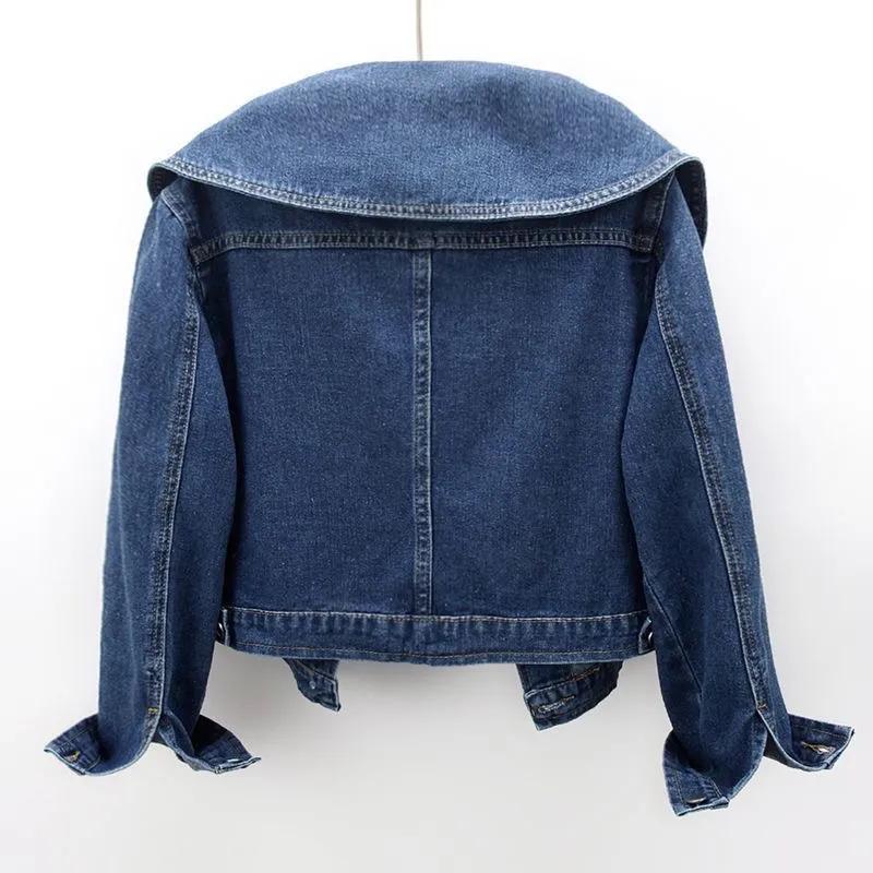Women's Solid-Color Spring/Fall Short Denim Jacket, Single-Breasted, Navy Collar, Loose-Fit Cardigan, Long-Sleeve Top