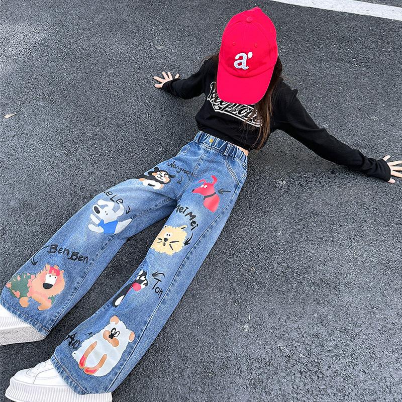 Teenage Girls Blue Street Cartoon Print Elastic Mid Waist Loose Denim Jeans Spring Fashion Children Cute Wide Leg Pants