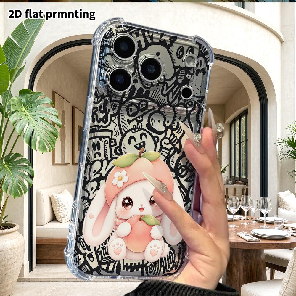 Phone Case: 2D Flat Suitable for iPhone 18 17 16 15 14 13 Pro, Transparent Four Corner Protective Case, Peach Hat White Rabbit, Christmas and Hallowee