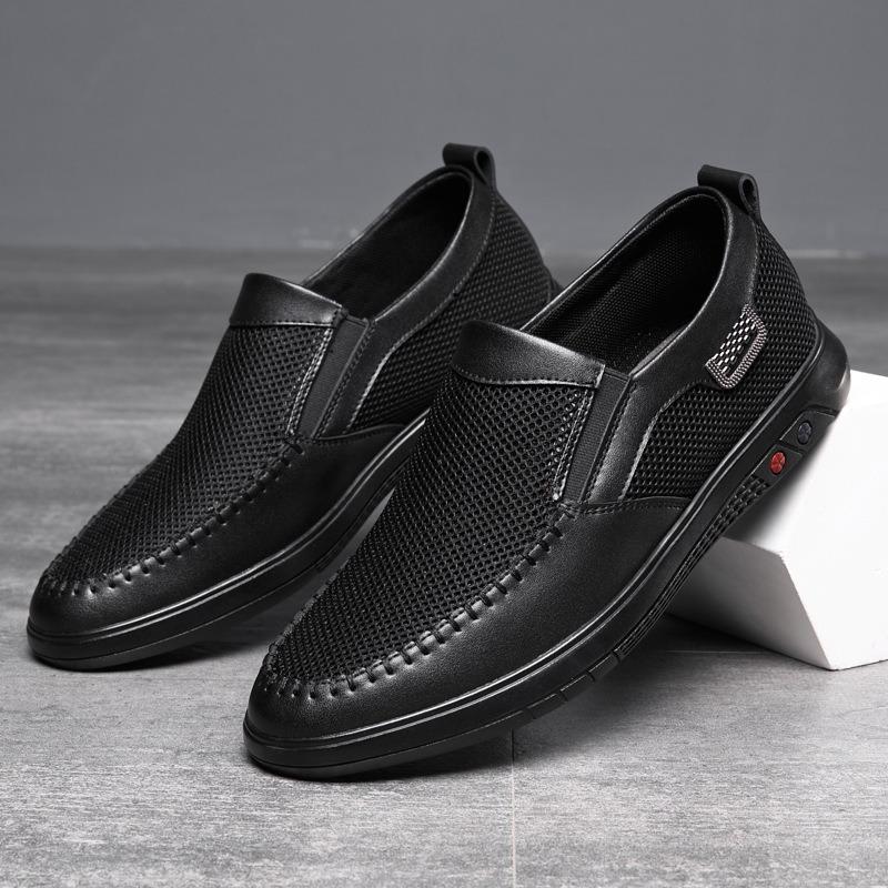 [Cowhide] Summer Mesh Shoes Breathable Men's Mesh Shoes Non-slip Soft-soled Casual Leather Men's Shoes Lazy Shoes One Pedal